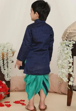 Woven Art Silk Jacquard Kurta Set in Navy Blue