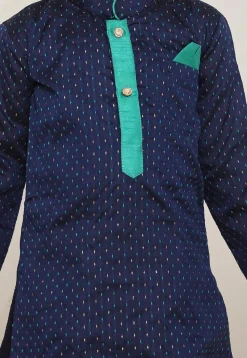 Woven Art Silk Jacquard Kurta Set in Navy Blue