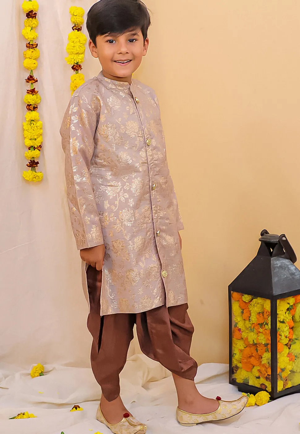 Woven Art Silk Jacquard Kurta Set in Light Purple