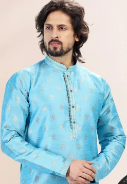 Woven Art Silk Jacquard Kurta Set in Light Blue