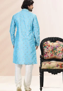 Woven Art Silk Jacquard Kurta Set in Light Blue