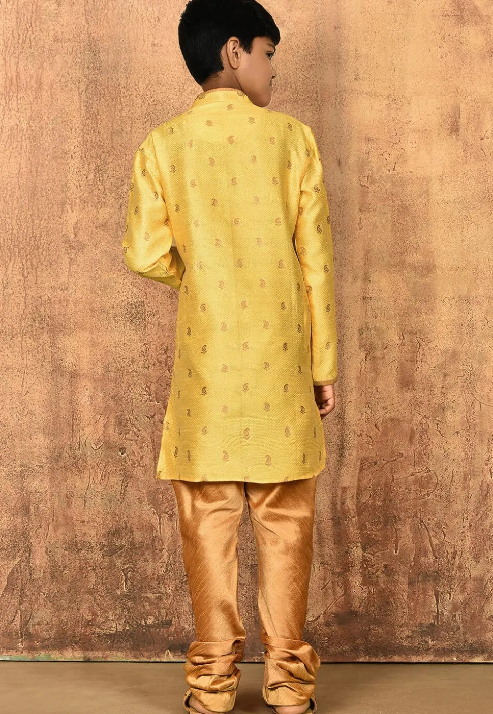 Woven Art Silk Jacquard Kurta in Yellow