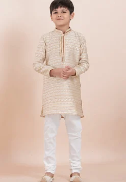 Woven Art Silk Jacquard Kurta Set in Off White
