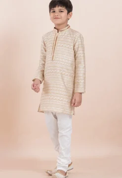 Woven Art Silk Jacquard Kurta Set in Off White