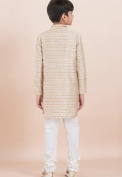 Woven Art Silk Jacquard Kurta Set in Off White
