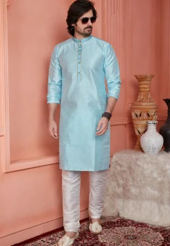 Woven Art Silk Jacquard Kurta Set in Light Blue