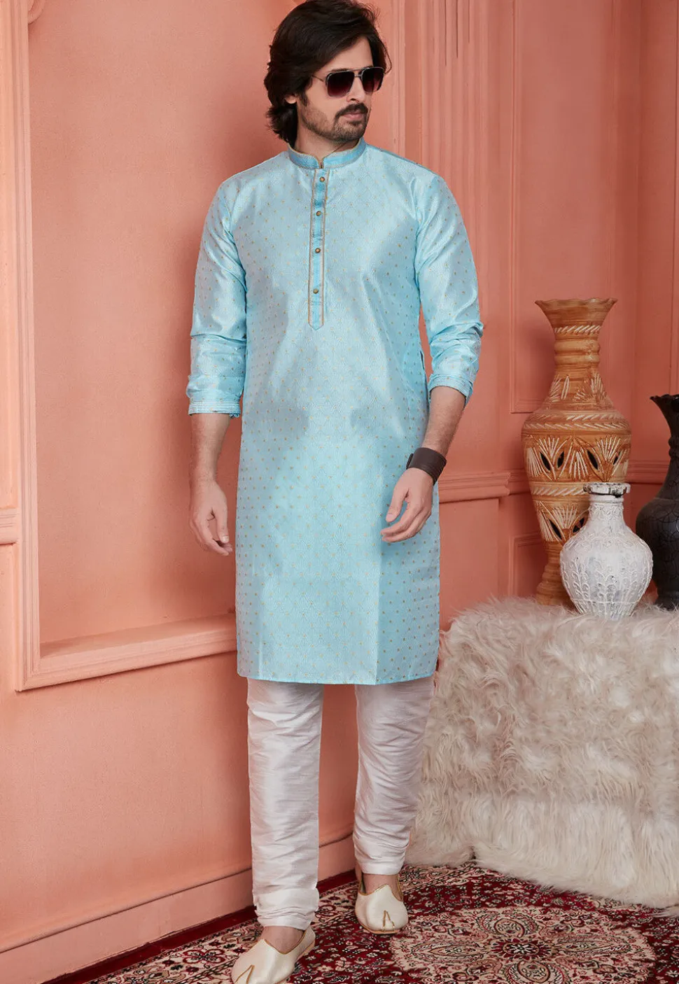 Woven Art Silk Jacquard Kurta Set in Light Blue