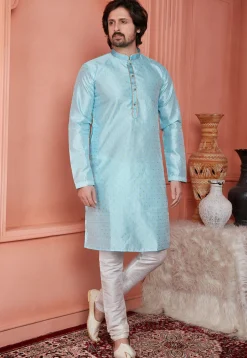 Woven Art Silk Jacquard Kurta Set in Light Blue