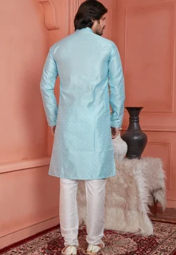 Woven Art Silk Jacquard Kurta Set in Light Blue