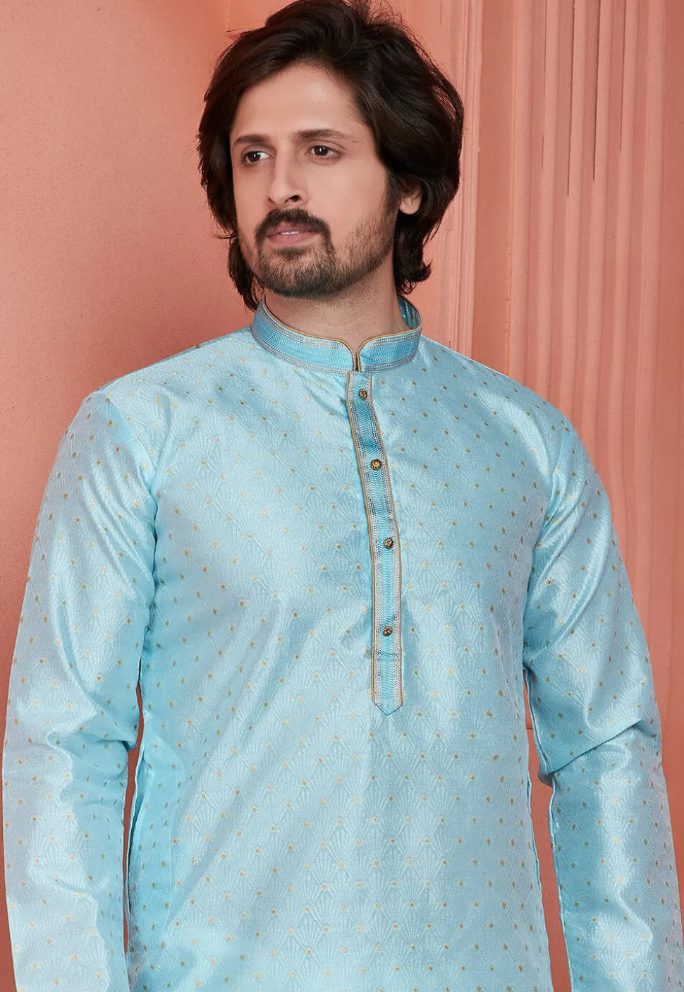 Woven Art Silk Jacquard Kurta Set in Light Blue