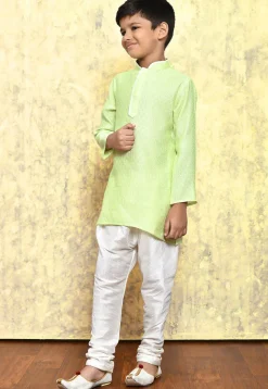 Woven Art Silk Jacquard Kurta Set in Light Green
