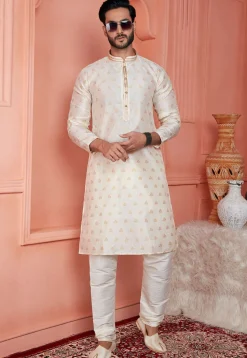 Woven Art Silk Jacquard Kurta Set in Off White