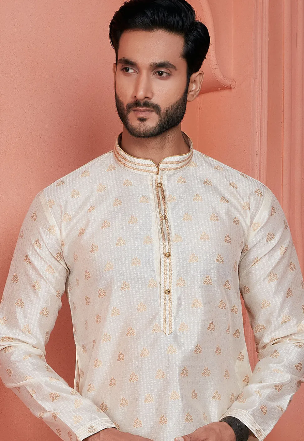 Woven Art Silk Jacquard Kurta Set in Off White