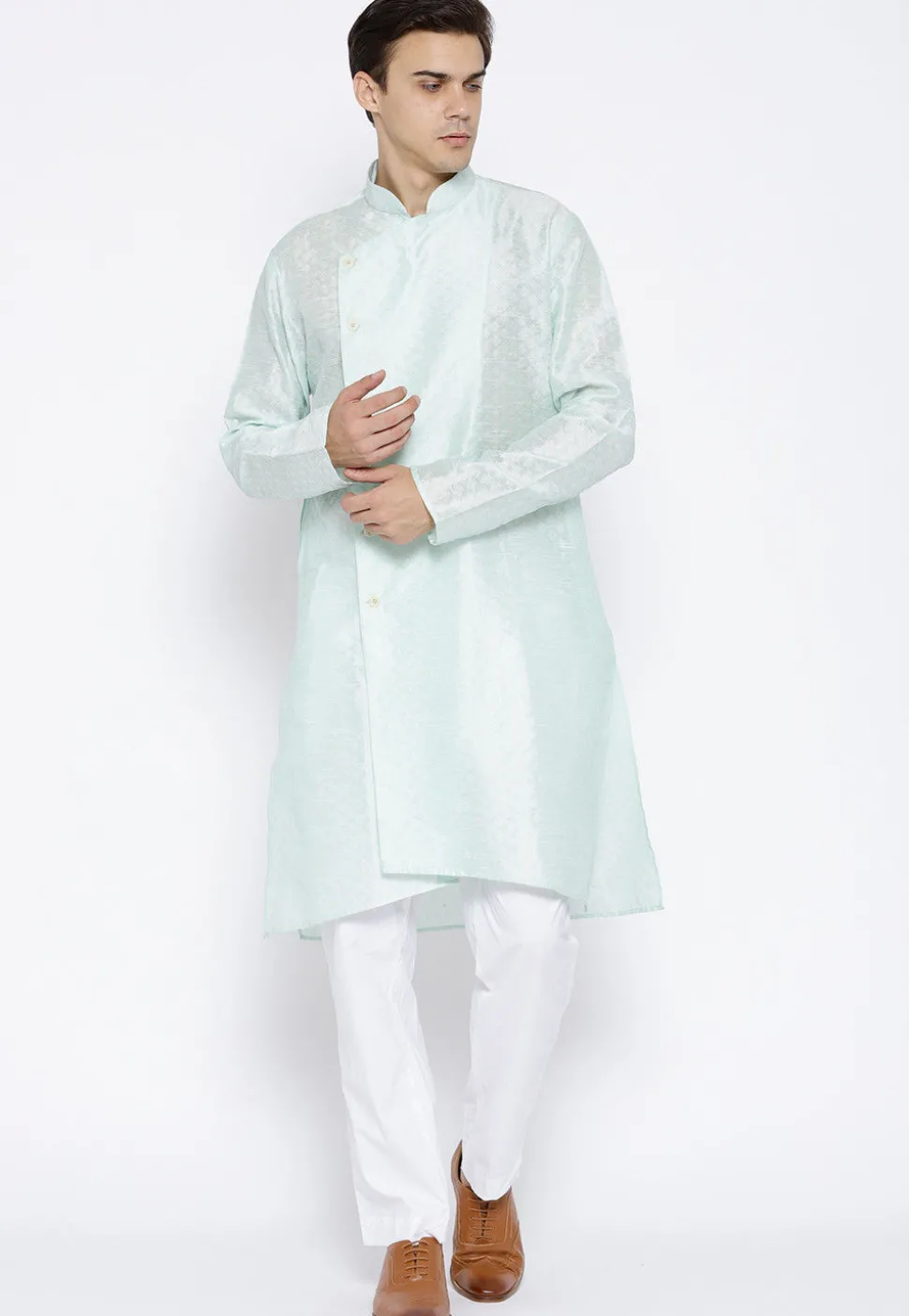 Woven Art Silk Jacquard Kurta Set in Light Sea Green