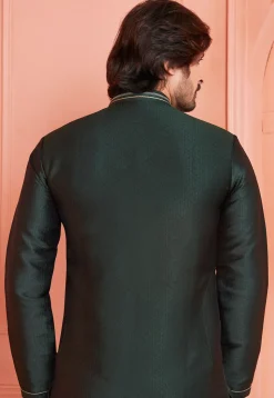 Woven Art Silk Jacquard Kurta Set in Dark Green