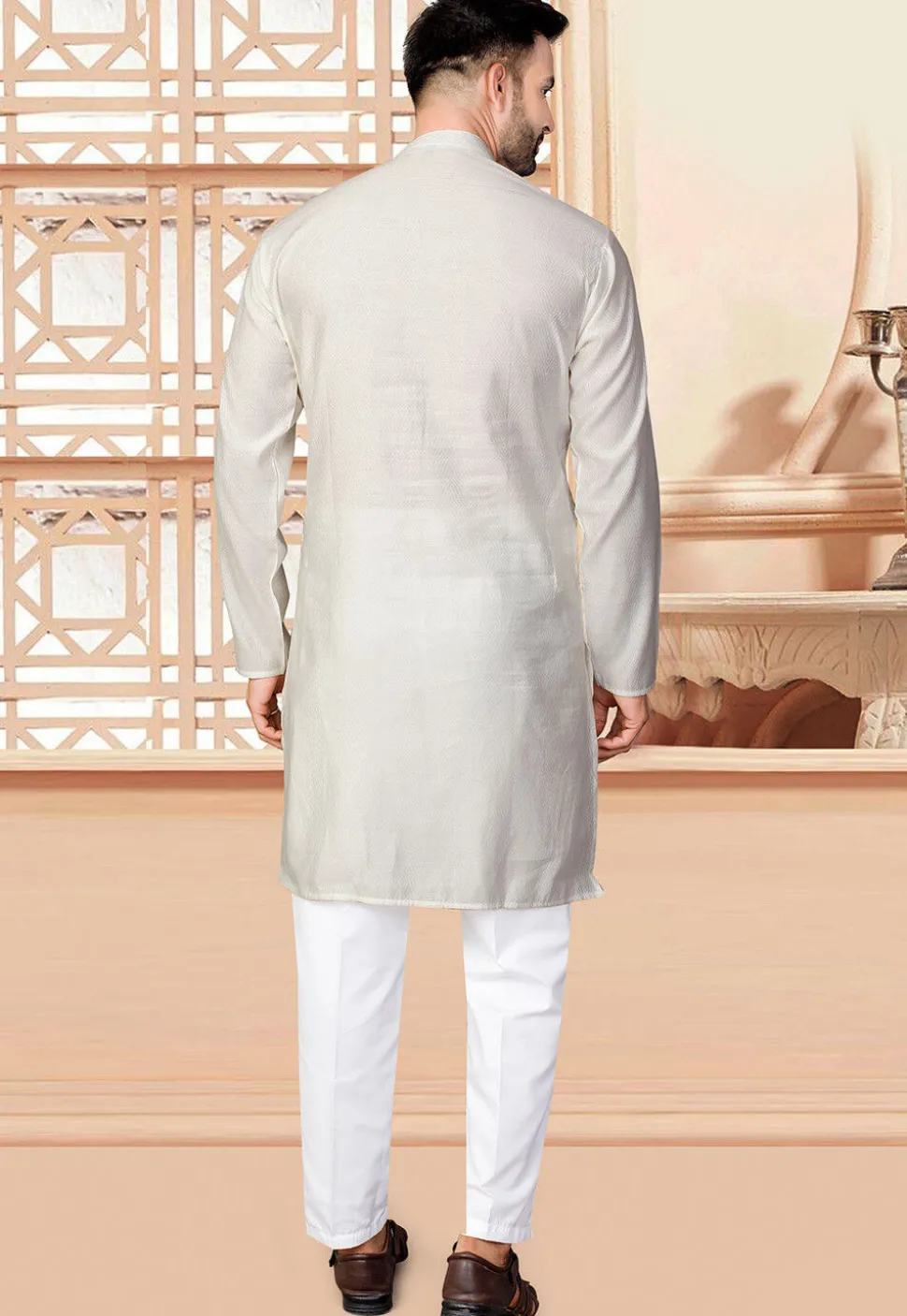Woven Art Silk Jacquard Kurta Set in Cream