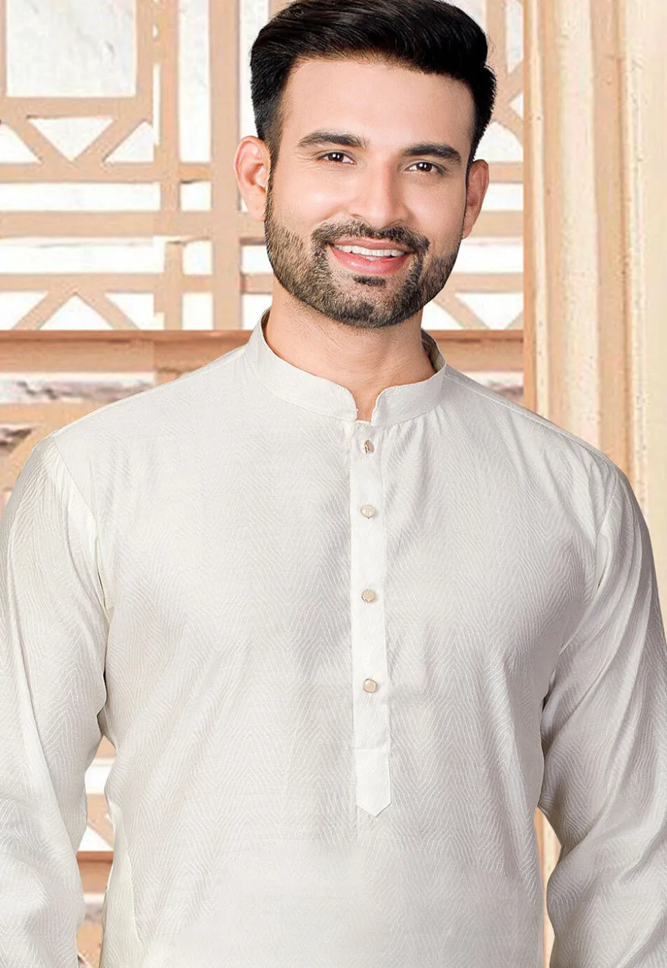 Woven Art Silk Jacquard Kurta Set in Cream