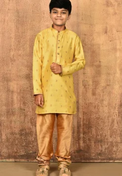 Woven Art Silk Jacquard Kurta Set in Yellow