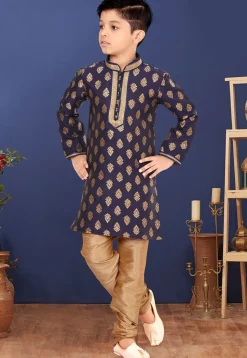 Woven Art Silk Jacquard Kurta Set in Navy Blue