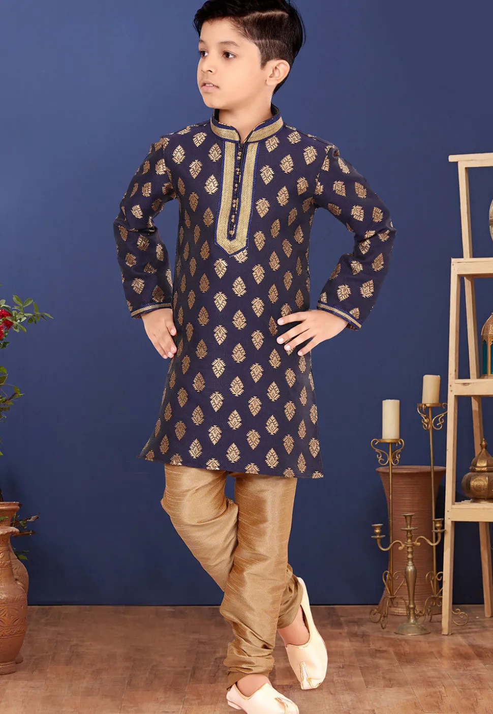 Woven Art Silk Jacquard Kurta Set in Navy Blue