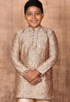 Woven Art Silk Jacquard Kurta Set in Beige