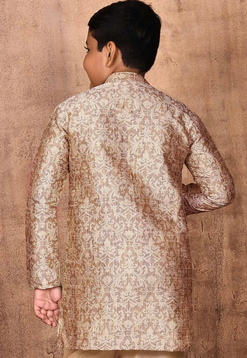 Woven Art Silk Jacquard Kurta Set in Beige
