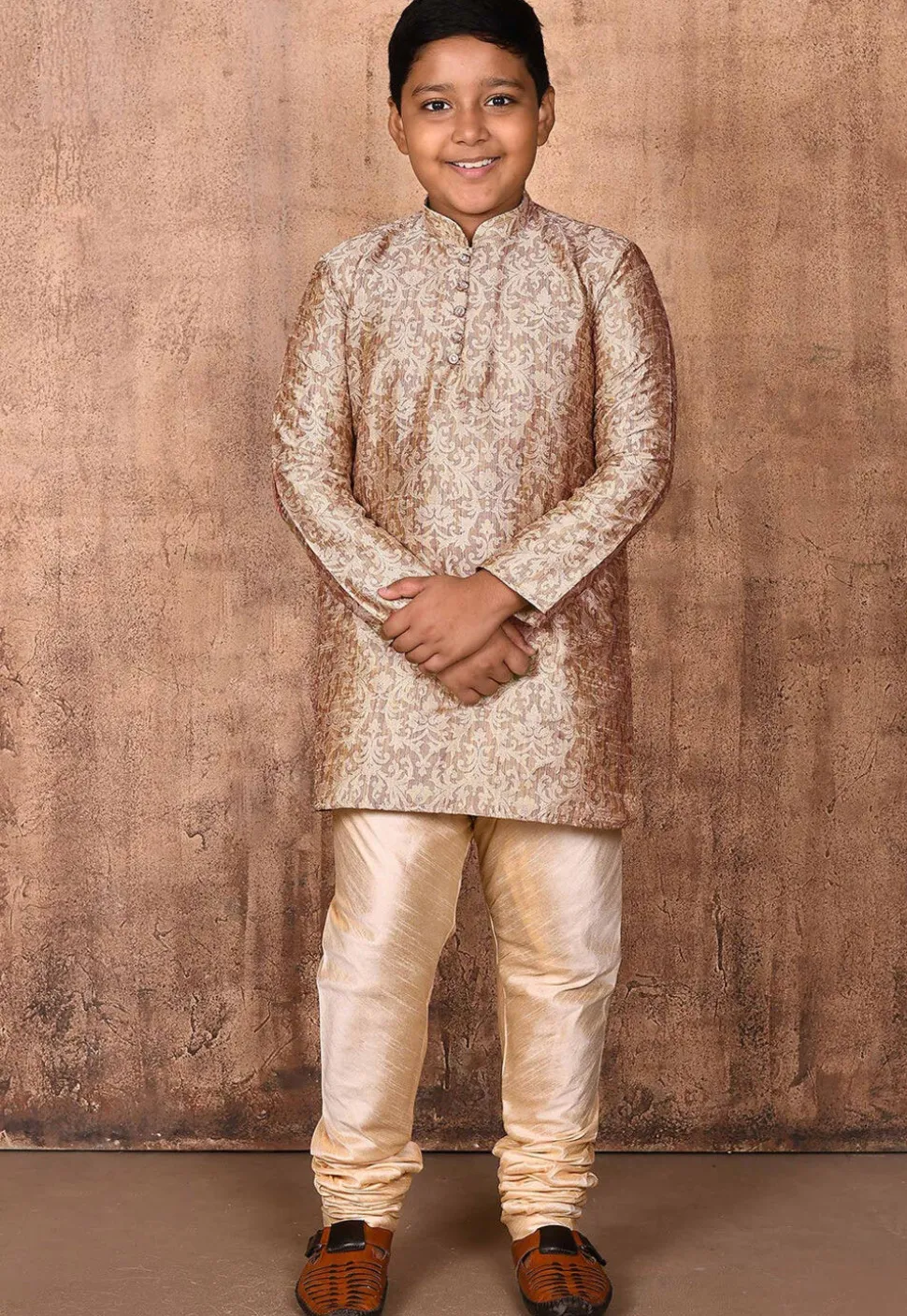 Woven Art Silk Jacquard Kurta Set in Beige