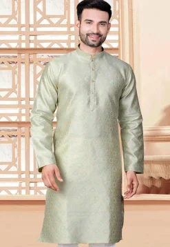 Woven Art Silk Jacquard Kurta in Sea Green