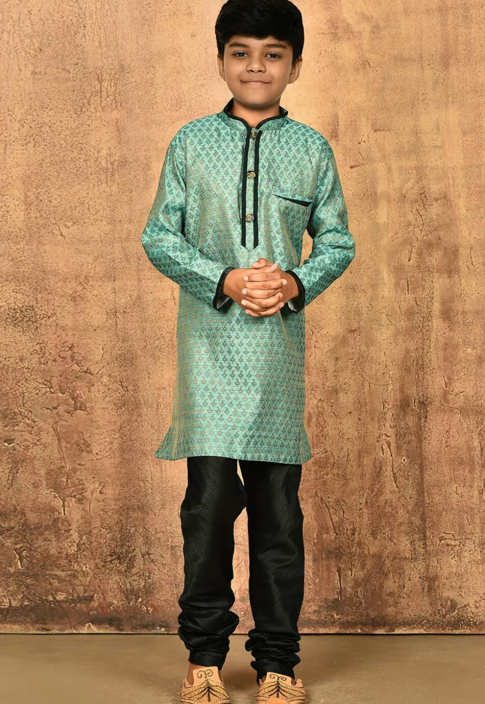 Woven Art Silk Jacquard Kurta Set in Light Teal Green