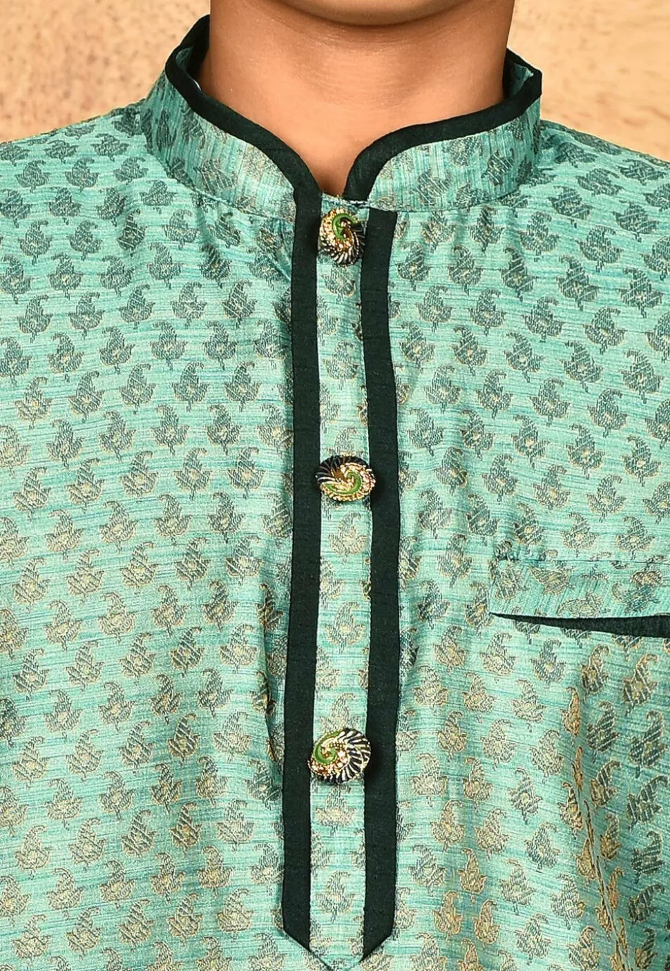 Woven Art Silk Jacquard Kurta Set in Light Teal Green