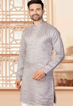 Woven Art Silk Jacquard Kurta in Grey