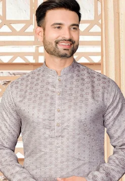 Woven Art Silk Jacquard Kurta in Grey