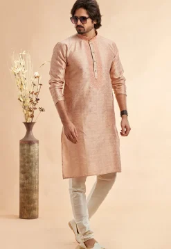 Woven Art Silk Jacquard Kurta in Peach