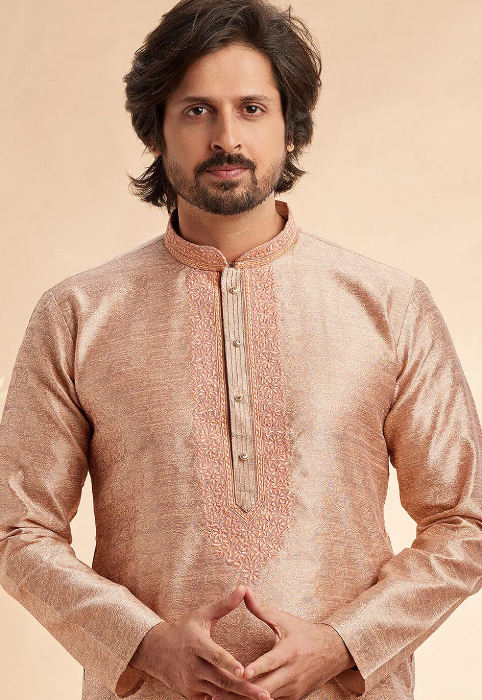 Woven Art Silk Jacquard Kurta in Peach