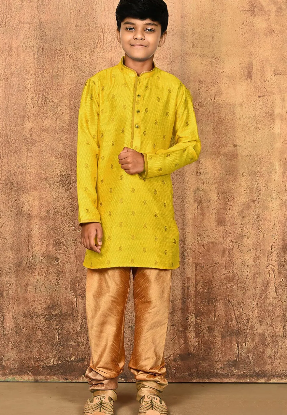 Woven Art Silk Jacquard Kurta Set in Yellow