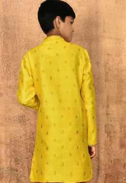 Woven Art Silk Jacquard Kurta Set in Yellow