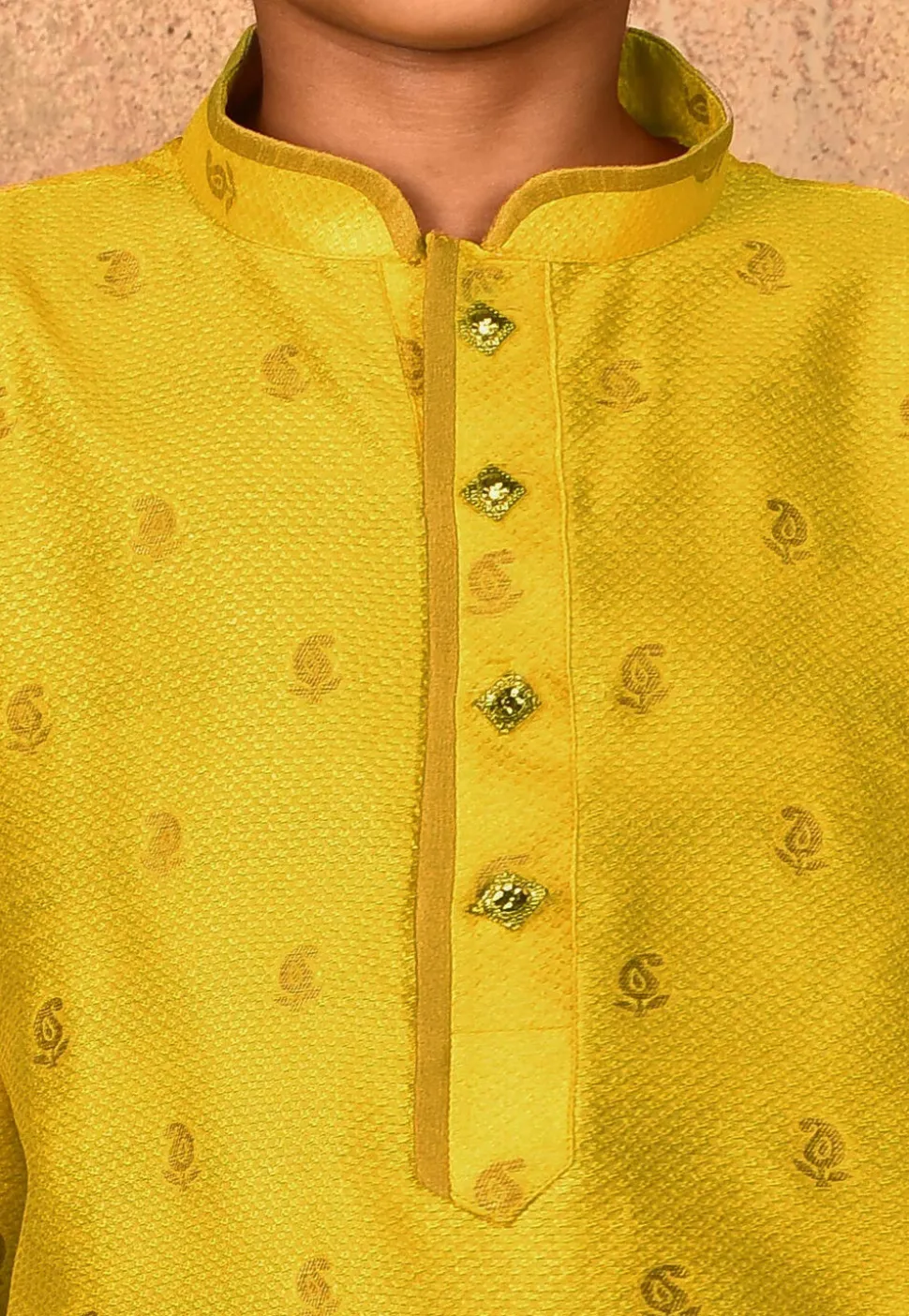 Woven Art Silk Jacquard Kurta Set in Yellow