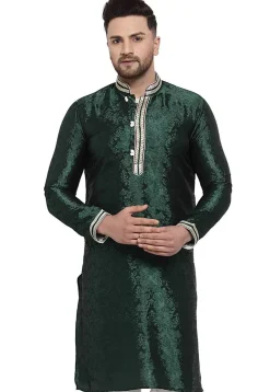Woven Art Silk Jacquard Kurta in Dark Green