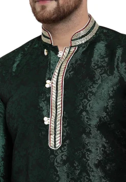Woven Art Silk Jacquard Kurta in Dark Green