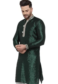 Woven Art Silk Jacquard Kurta in Dark Green