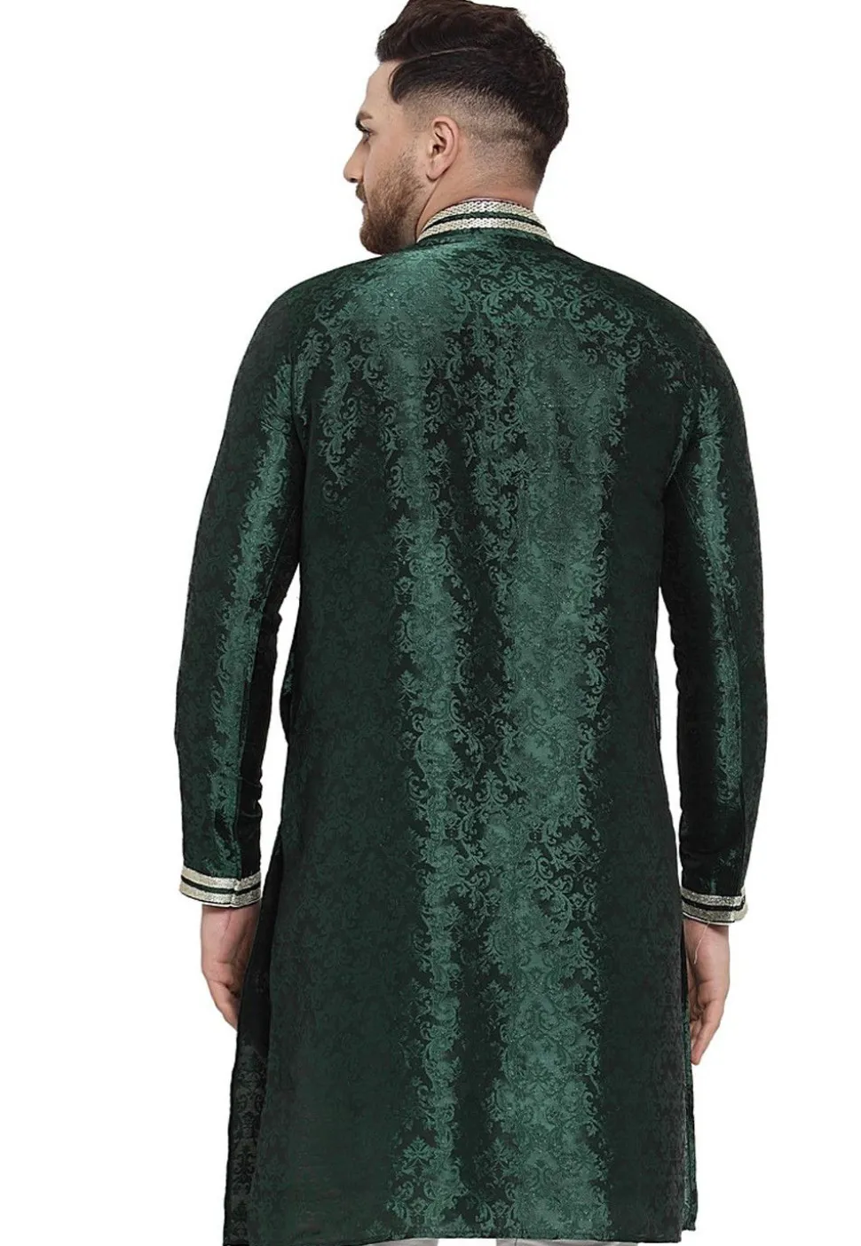 Woven Art Silk Jacquard Kurta in Dark Green