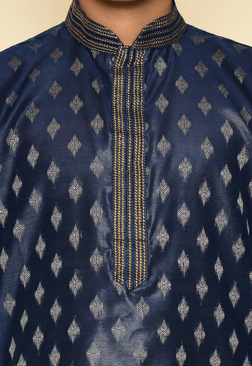 Woven Art Silk Jacquard Kurta in Navy Blue