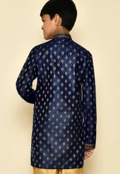 Woven Art Silk Jacquard Kurta in Navy Blue
