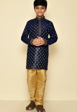 Woven Art Silk Jacquard Kurta in Navy Blue