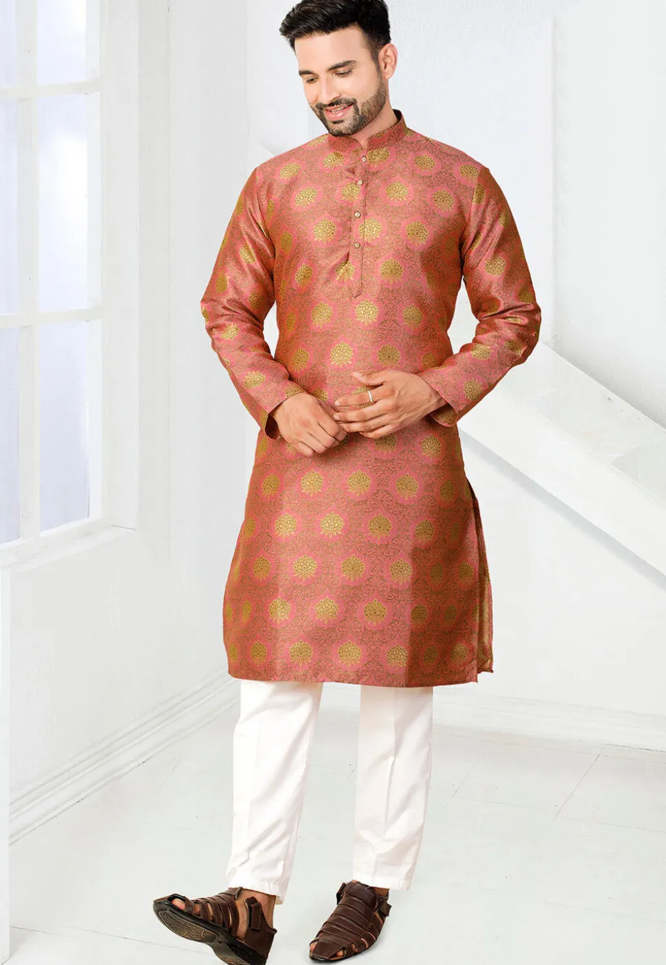 Woven Art Silk Jacquard Kurta Set in Peach