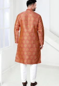 Woven Art Silk Jacquard Kurta Set in Peach