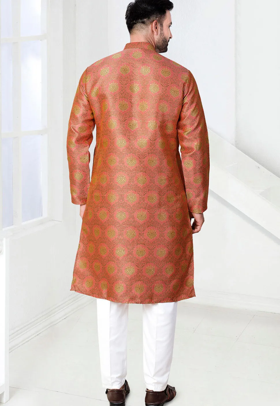 Woven Art Silk Jacquard Kurta Set in Peach