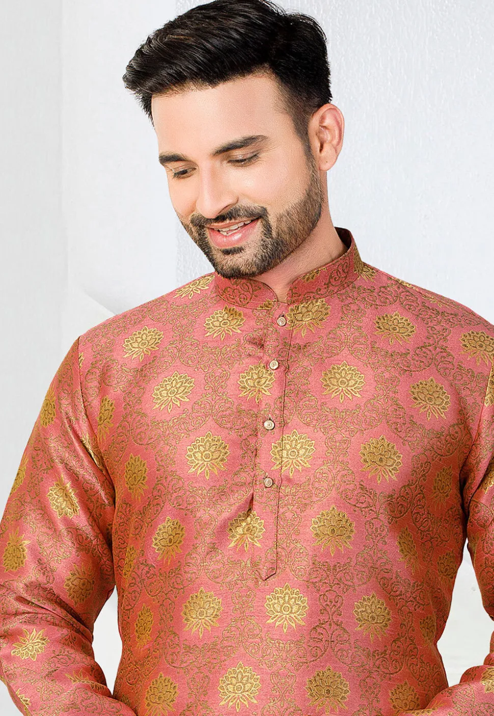 Woven Art Silk Jacquard Kurta Set in Peach