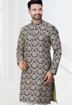 Woven Art Silk Jacquard Kurta in Navy Blue