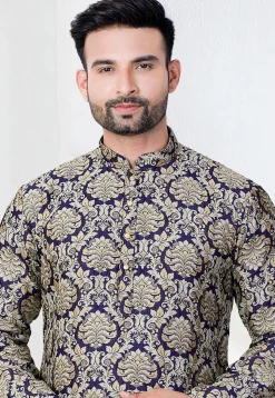 Woven Art Silk Jacquard Kurta in Navy Blue
